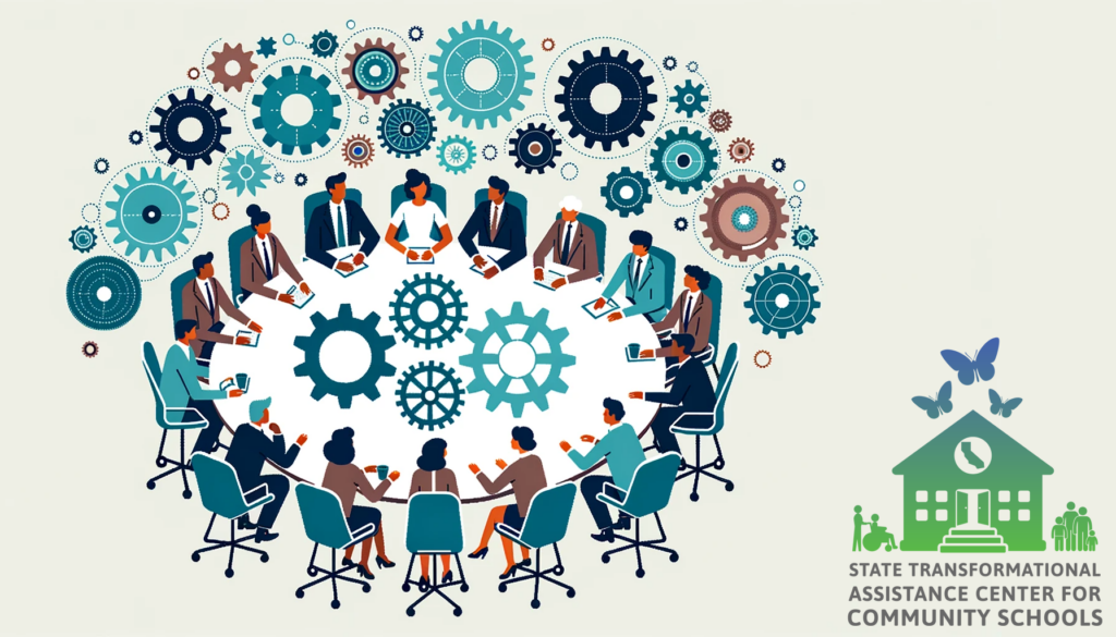 Illustration of a round table where diverse leaders of different genders, ages, and descents sit equally spaced, discussing and sharing ideas. Above the table, interconnected gears turn in harmony, symbolizing the seamless collaboration in leadership.