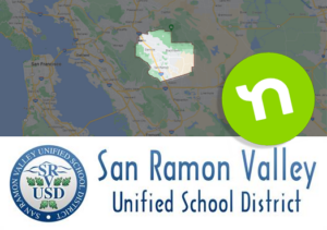 This image shows a geographic outline of San Ramon Valley Unified School District, their logo, as well as the logo for the Nextdoor platform.
