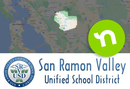 This image shows a geographic outline of San Ramon Valley Unified School District, their logo, as well as the logo for the Nextdoor platform.