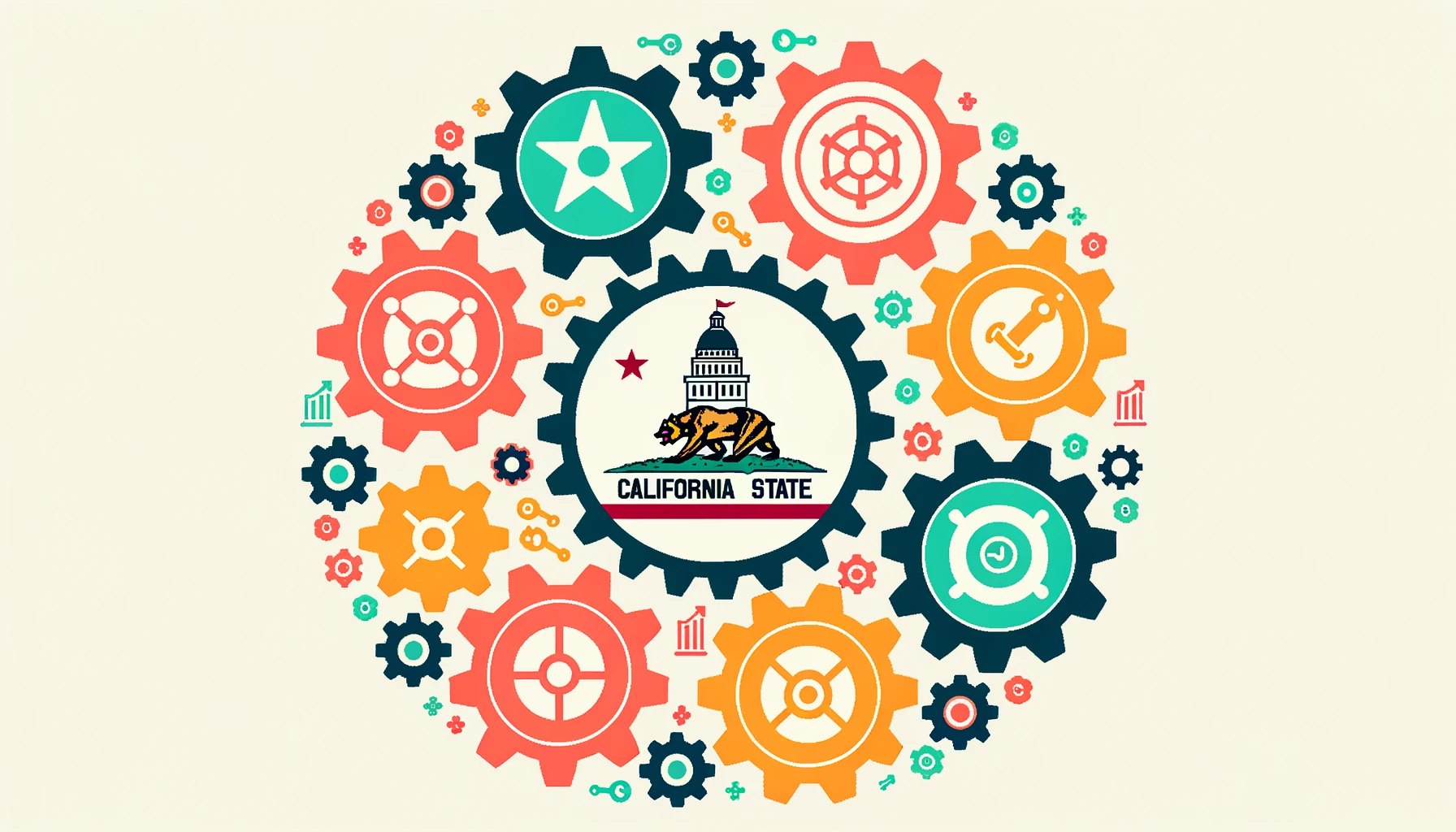 Illustration of a California state emblem surrounded by eight interconnected gears, each representing one of the LCAP's priority areas. The gears are turning in harmony, symbolizing the integrated efforts for student success.