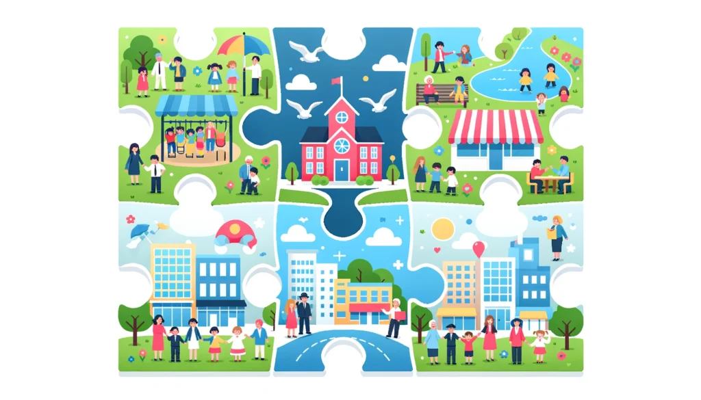 Illustration of a puzzle where each piece represents different elements: a school, community members, a park, and local businesses. As the puzzle pieces come together, they form a vibrant community scene with children, parents, and educators collaborating.