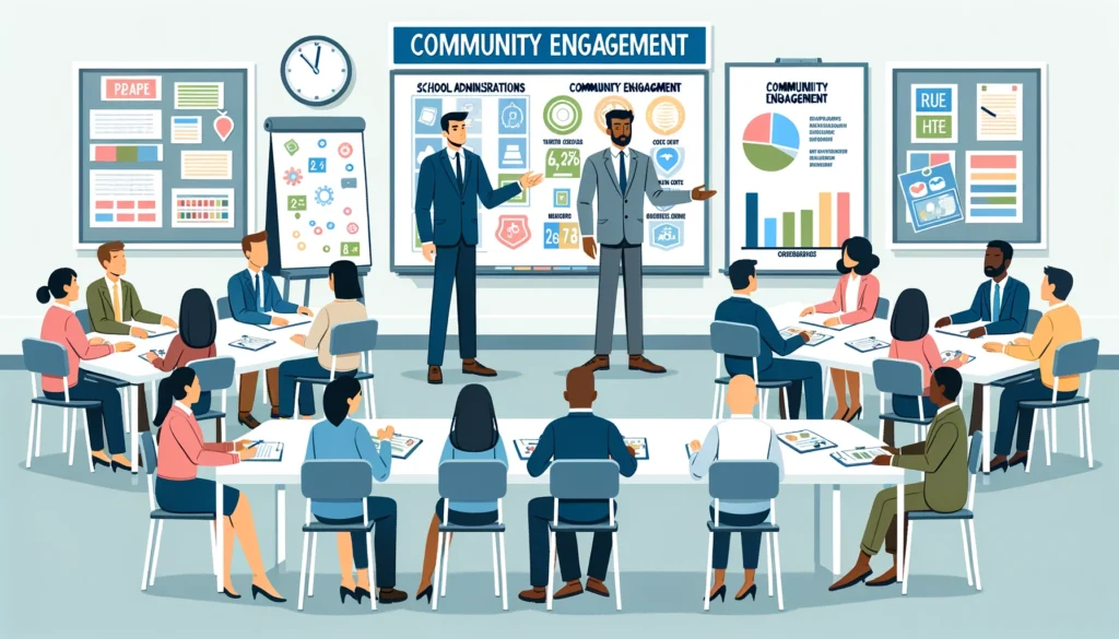 Illustration of a training room filled with school administrators at desks, engaged in group discussions. Charts, boards, and text-free materials related to community engagement are spread around. A trainer, a man of Hispanic descent, moves among the groups, offering guidance.