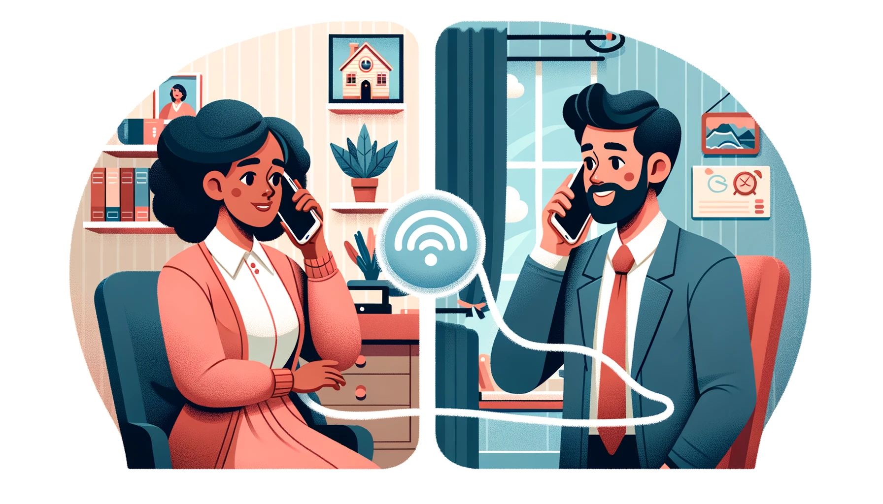 Illustration of a split scene where on one side, a parent, a woman of African descent, is speaking on a phone in her home setting, and on the other side, a teacher, a man of Hispanic descent, is taking the call in a classroom. Between them, there's a transparent wave of communication, symbolizing the connection.