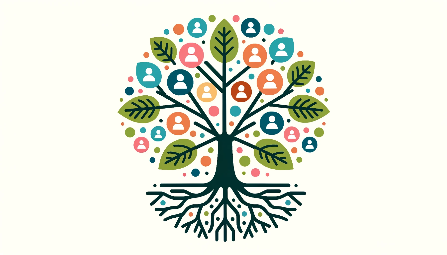 Vector graphic of a tree with diverse leaders as its leaves. The roots, trunk, and branches represent the strong foundation and interconnectedness of the leadership, while the leaves symbolize the collective decision-making and shared responsibilities.