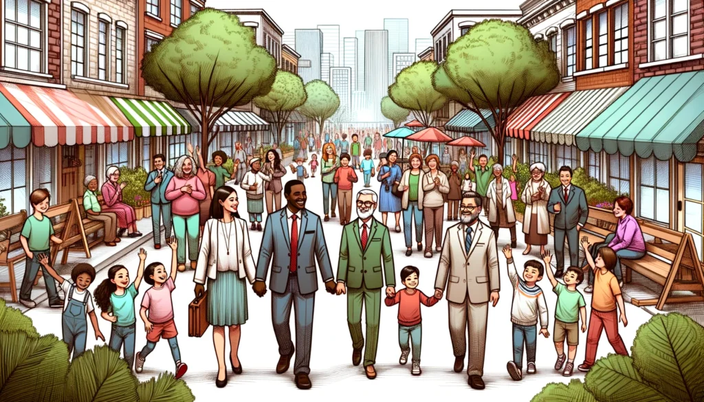 Drawing of diverse school principals and administrators of different genders, ages, and descents taking a stroll through a lively community street. Children of various backgrounds wave at them, and local vendors of different ethnicities greet them warmly. The environment is vibrant with trees, benches, and community murals.