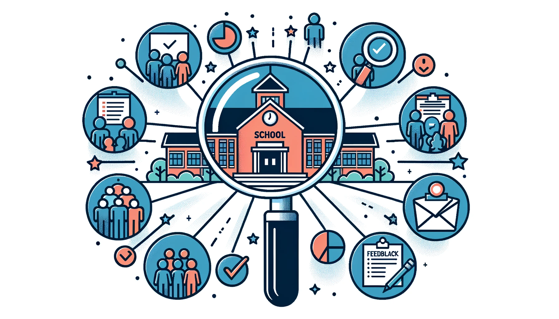 Vector image of a school building at the center, with radiating lines connecting to various icons: a family attending an event, community members in a meeting, a feedback box, and a volunteer sign-up sheet. Above the school, there's a magnifying glass focusing on these icons, symbolizing the school's data monitoring of its community engagement efforts.