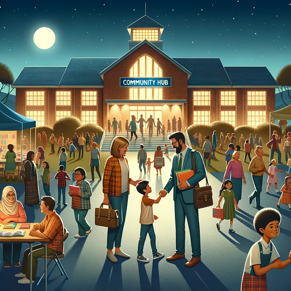 Photo of a school building illuminated in the evening, with community members of diverse descent and gender gathered outside, participating in various activities like book fairs, workshops, and community meetings. A large banner reads 'Community Hub'. In the foreground, a teacher and a local resident shake hands, symbolizing trust, while children play nearby.